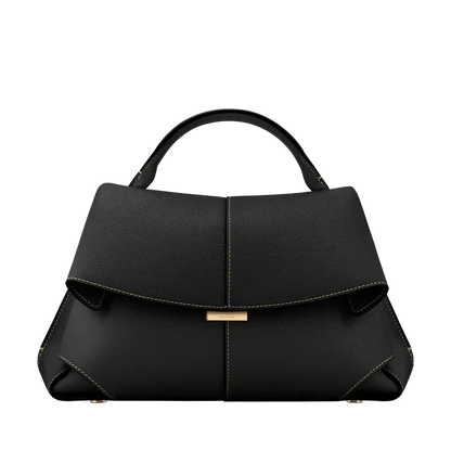 Black vegan leather handbag with top handle and front flap, gold clasp