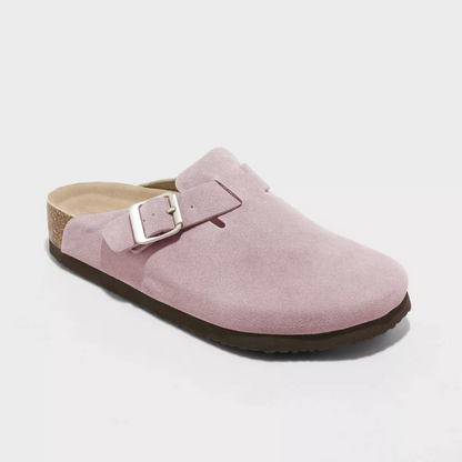 Mauve suede clog with adjustable buckle strap and textured rubber sole