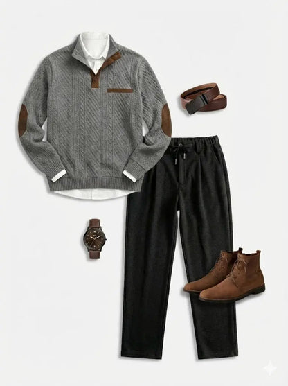 Cable-knit pullover sweatshirt in gray with half-button placket, ribbed cuffs, and brown trim