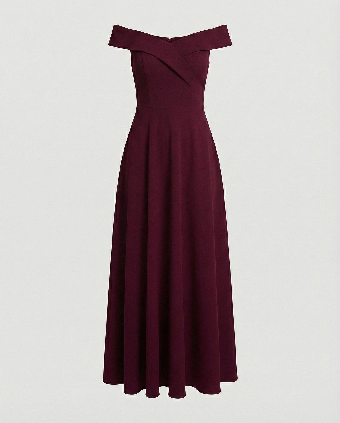 Red off-shoulder long evening dress on mannequin, wide neckline and flared pleated hem
