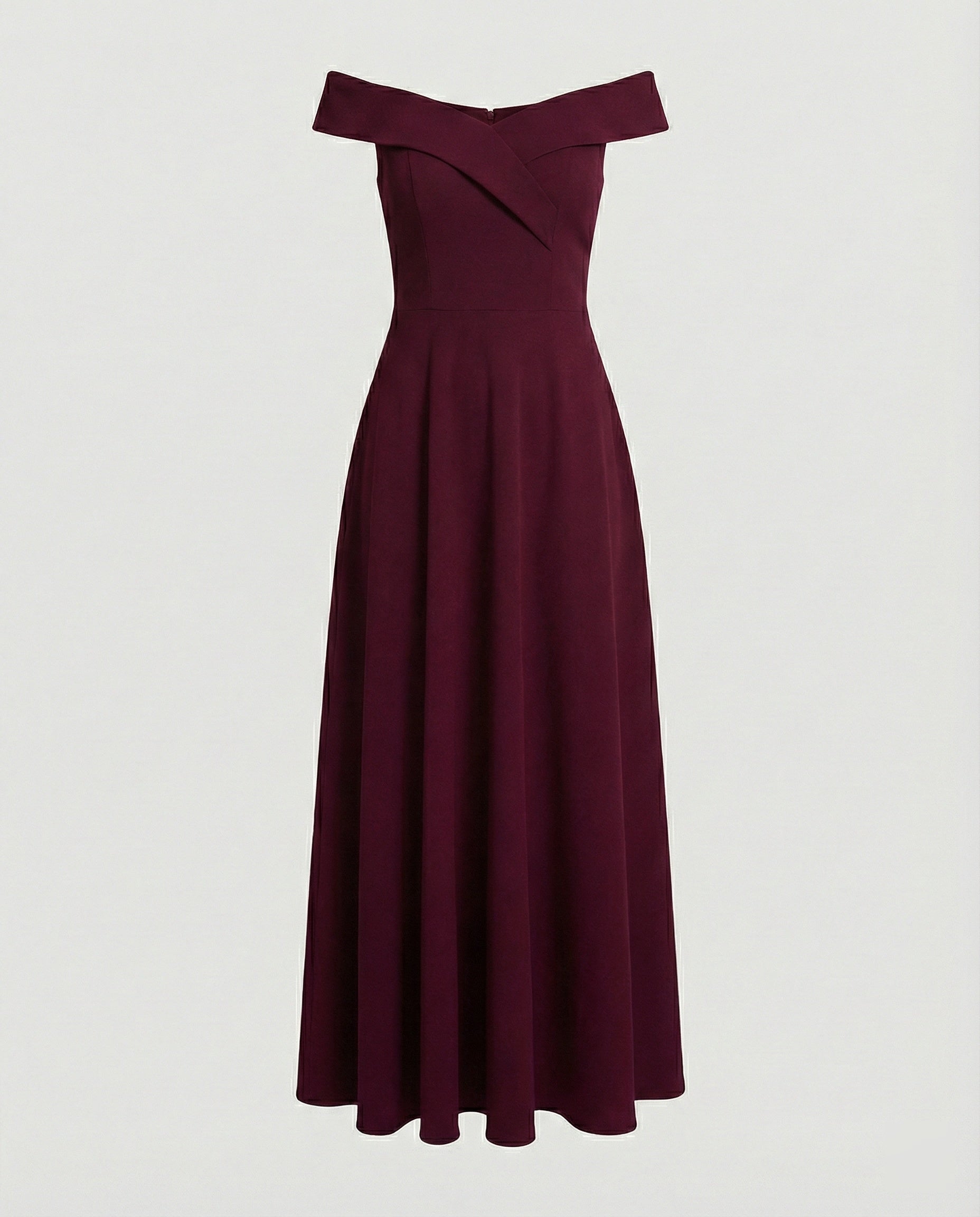 Red off-shoulder long evening dress on mannequin, wide neckline and flared pleated hem
