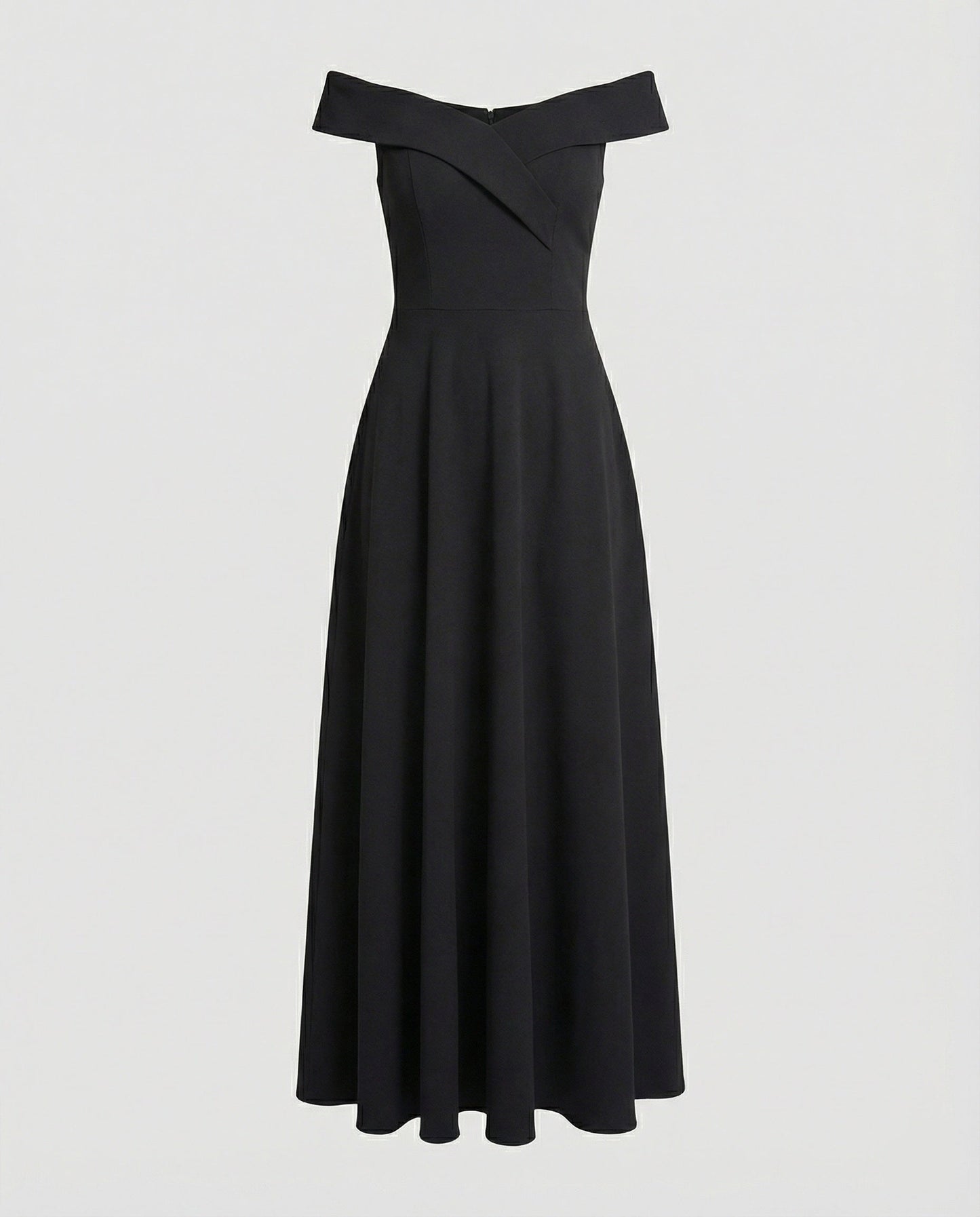 Black off-shoulder long evening dress on mannequin, wide neckline and pleated skirt
