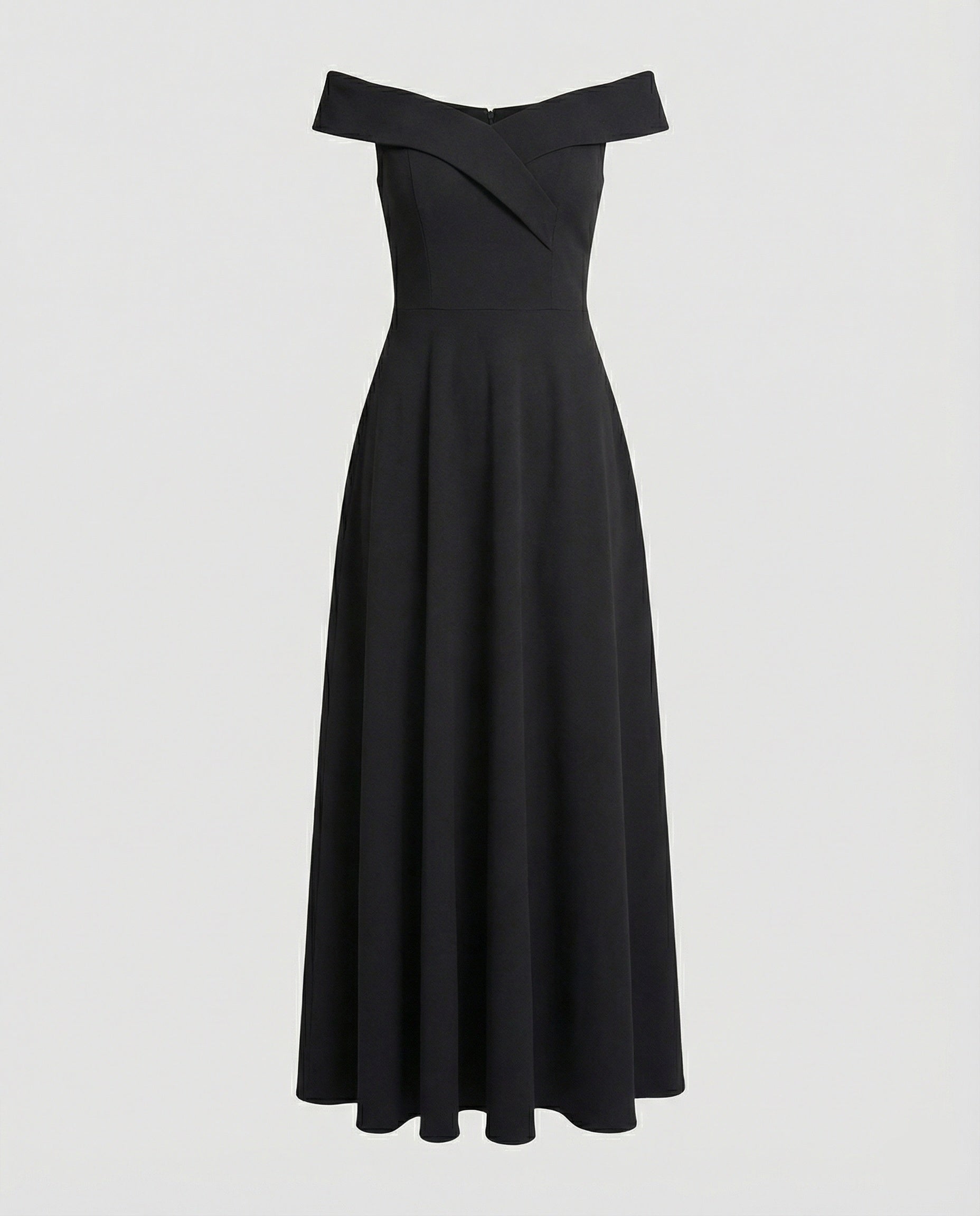 Black off-shoulder long evening dress on mannequin, wide neckline and pleated skirt