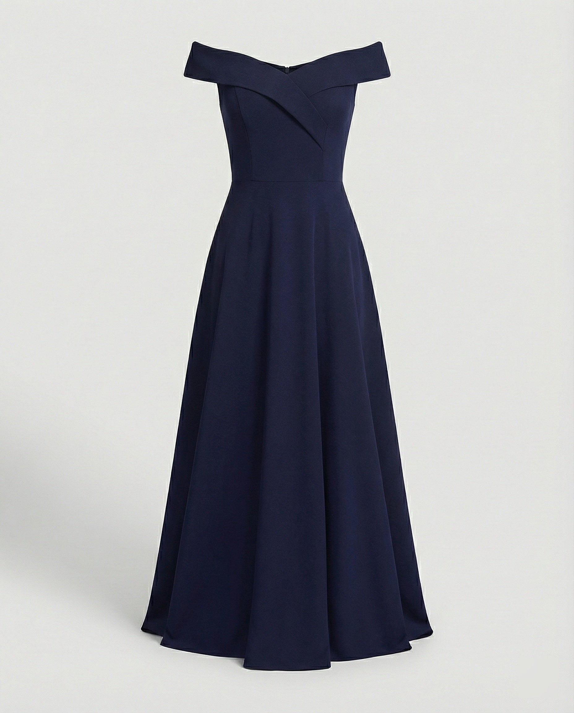 Blue off-shoulder long evening dress on mannequin, wide neckline and pleated skirt