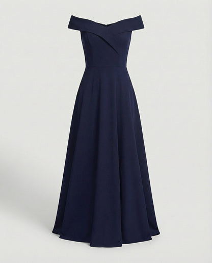 Blue off-shoulder long evening dress on mannequin, wide neckline and pleated skirt