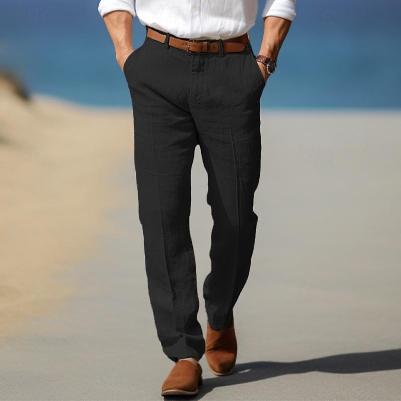 Black linen men’s pants with belt loops, button fly, straight fit