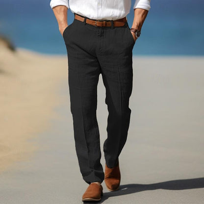 Black linen men’s pants with belt loops, button fly, straight fit