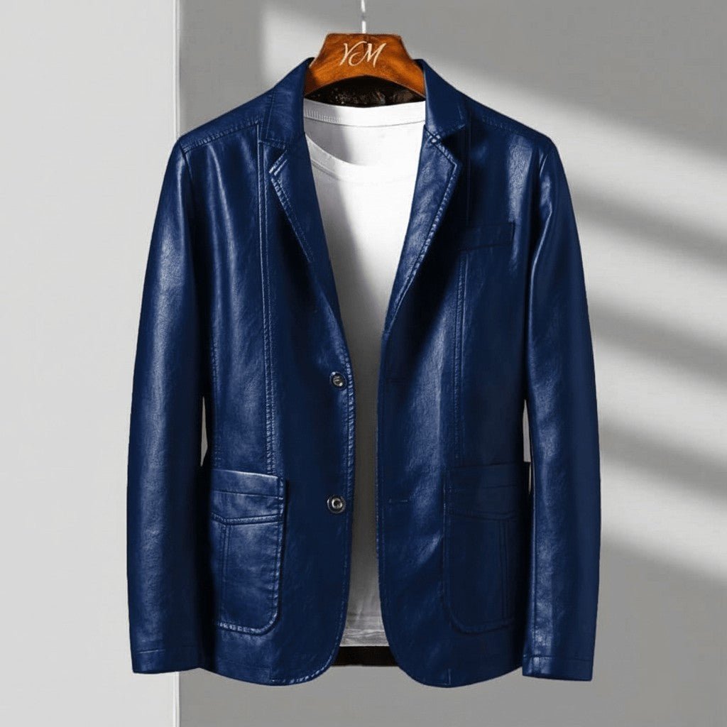 Royal blue leather jacket with notched lapels and two front flap pockets