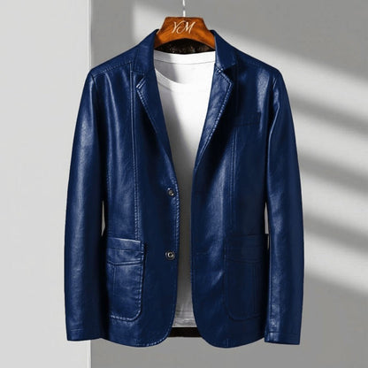 Royal blue leather jacket with notched lapels and two front flap pockets