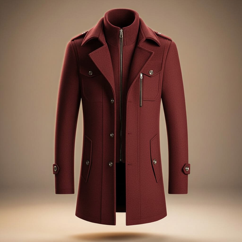Men's wool coat in crimson red, zip-front with notched lapels and chest pocket