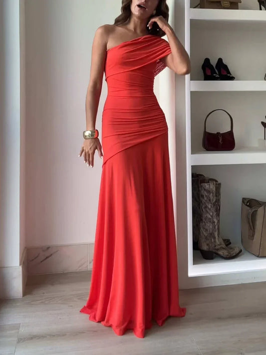 Coral-red asymmetrical ruched maxi dress with one-shoulder strap, fitted skirt