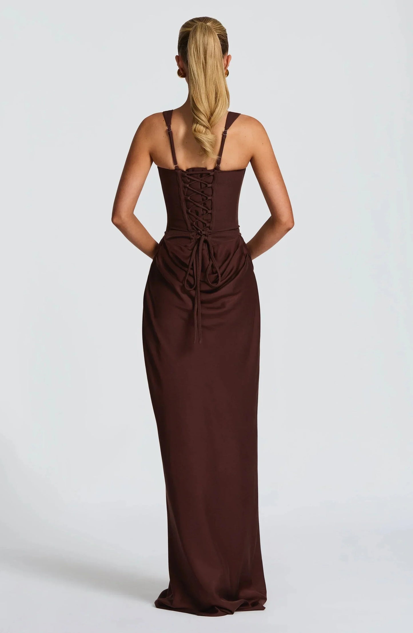Burgundy backless maxi dress with lace-up back and gathered ruched waist detail