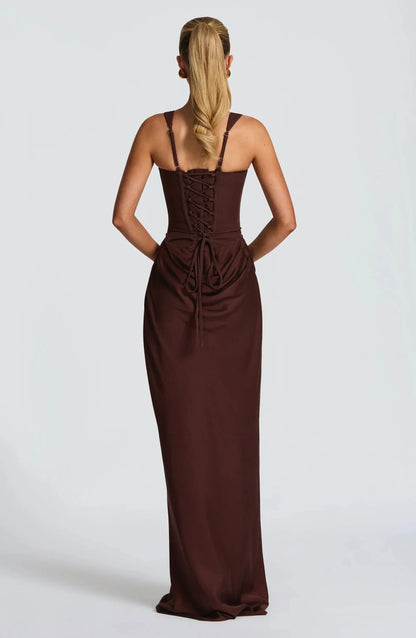 Burgundy backless maxi dress with lace-up back and gathered ruched waist detail