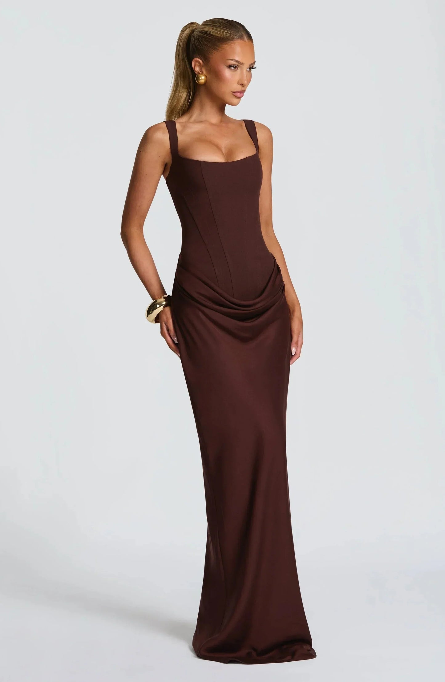 Burgundy sleeveless backless bodycon maxi dress with ruched side drape