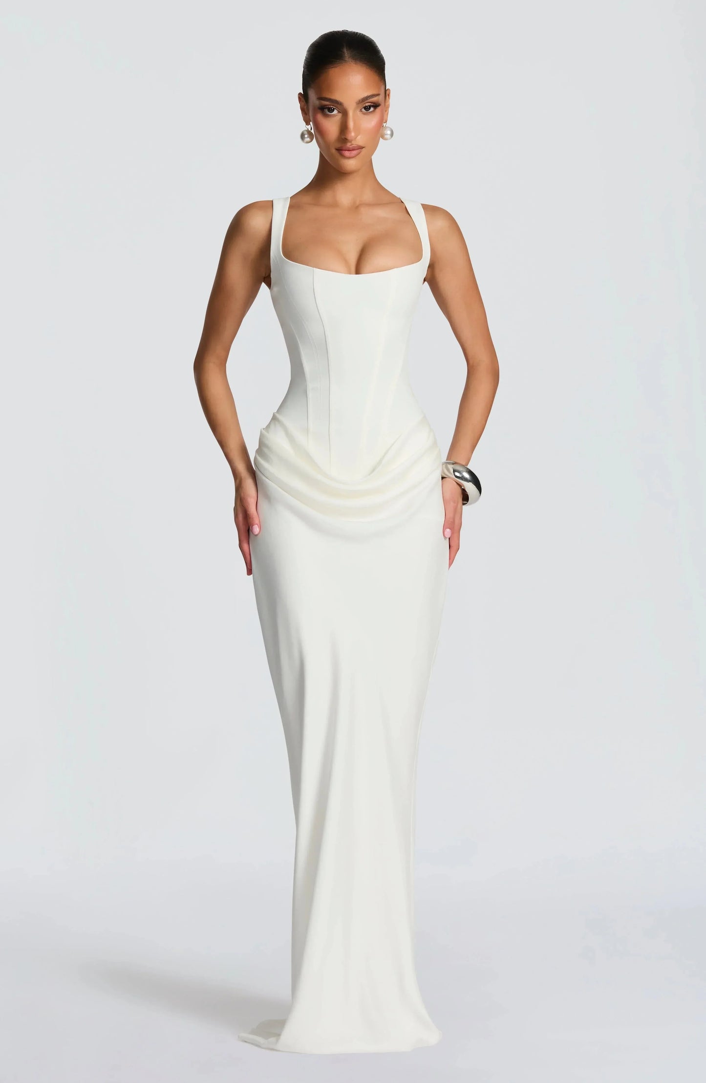 White bodycon backless maxi dress with square neckline and gathered ruched side