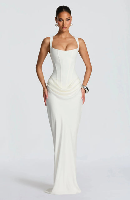 White bodycon backless maxi dress with square neckline and gathered ruched side