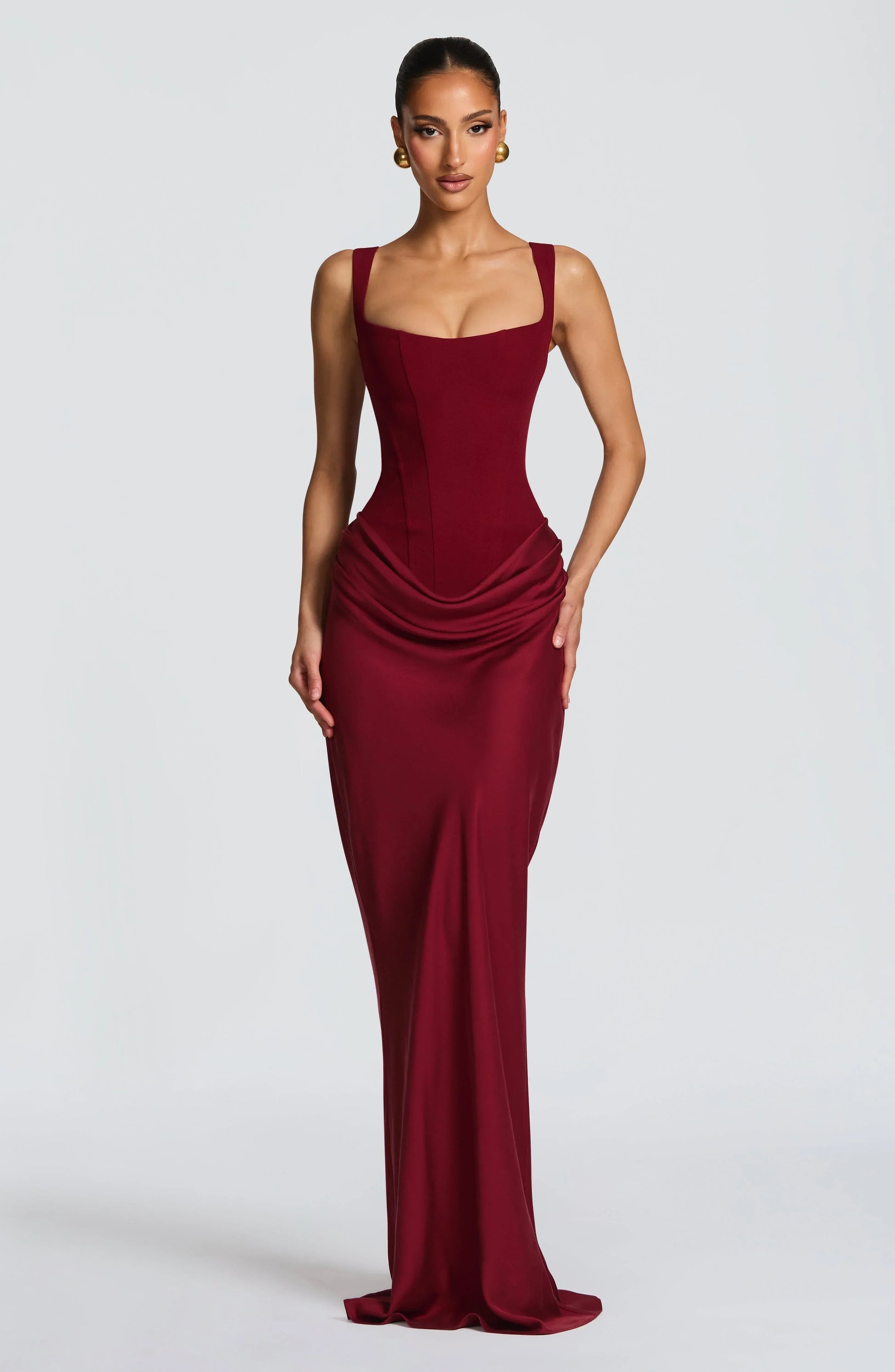 Burgundy bodycon backless maxi dress with square neckline and ruched drape front