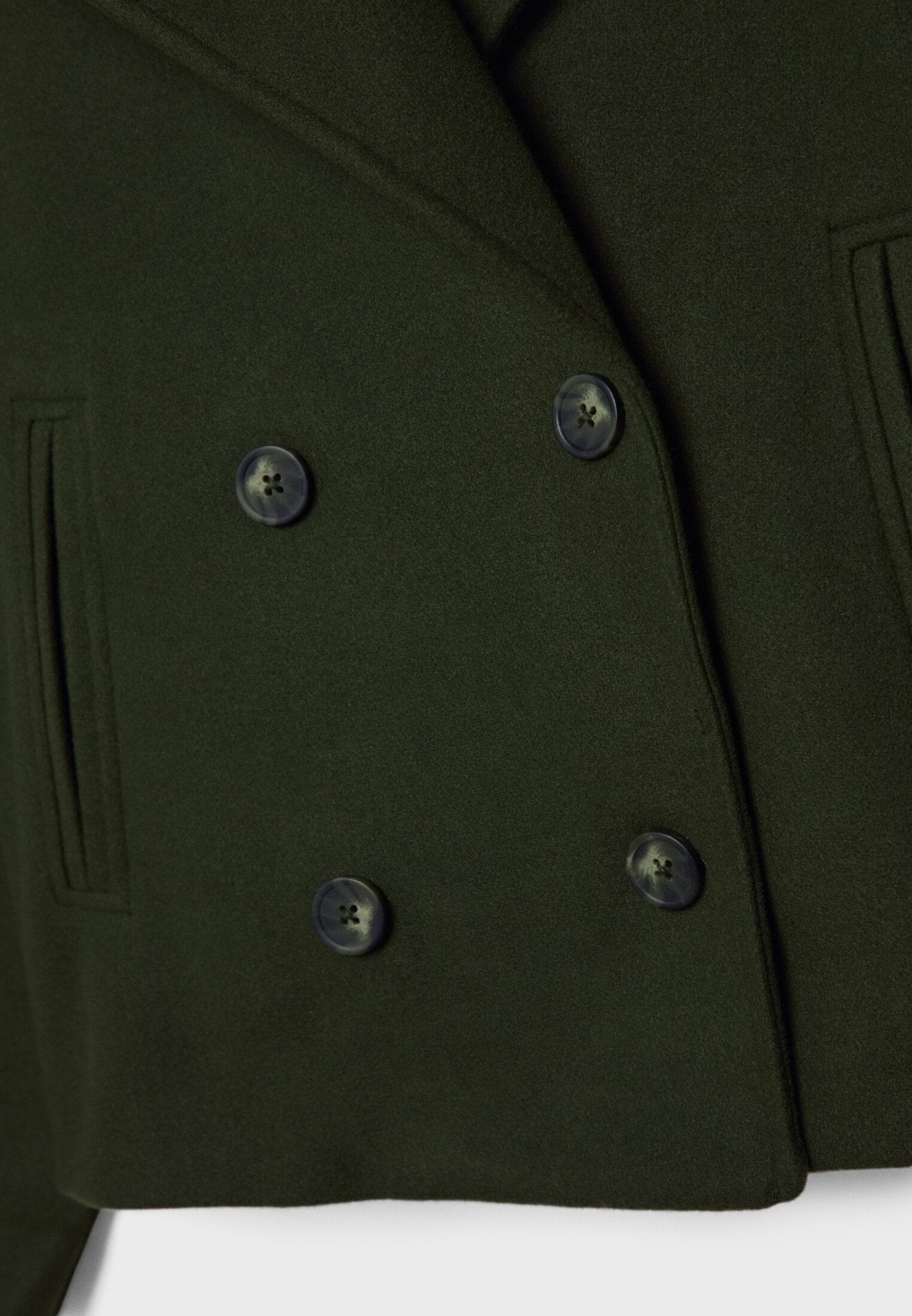 Cropped double-breasted jacket, dark green, buttoned front and notched lapel