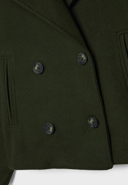 Cropped double-breasted jacket, dark green, buttoned front and notched lapel