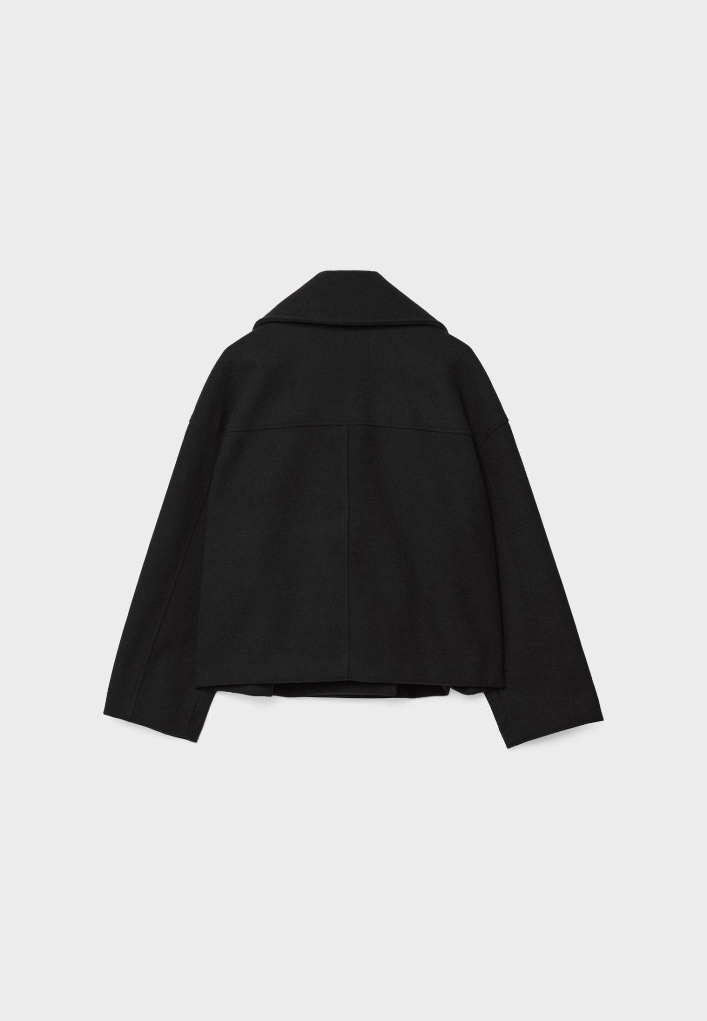 Cropped double-breasted jacket back in black with stand collar and darts