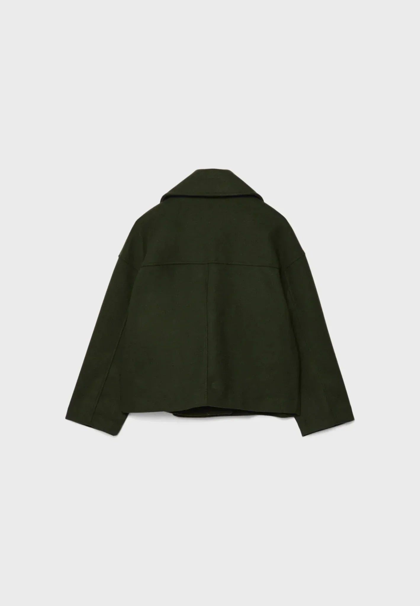 Cropped double-breasted jacket back in dark green with stand collar and darts