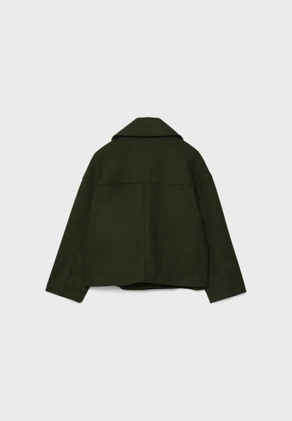 Cropped double-breasted jacket back in dark green with stand collar and darts