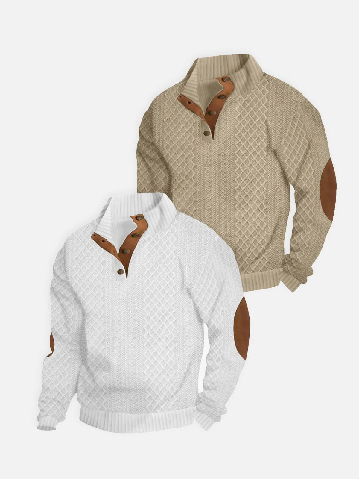 Beige cable knit quarter-button pullover sweatshirt with brown contrast collar