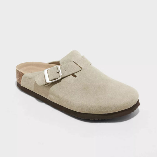 Taupe suede clog with adjustable side buckle strap and cushioned footbed
