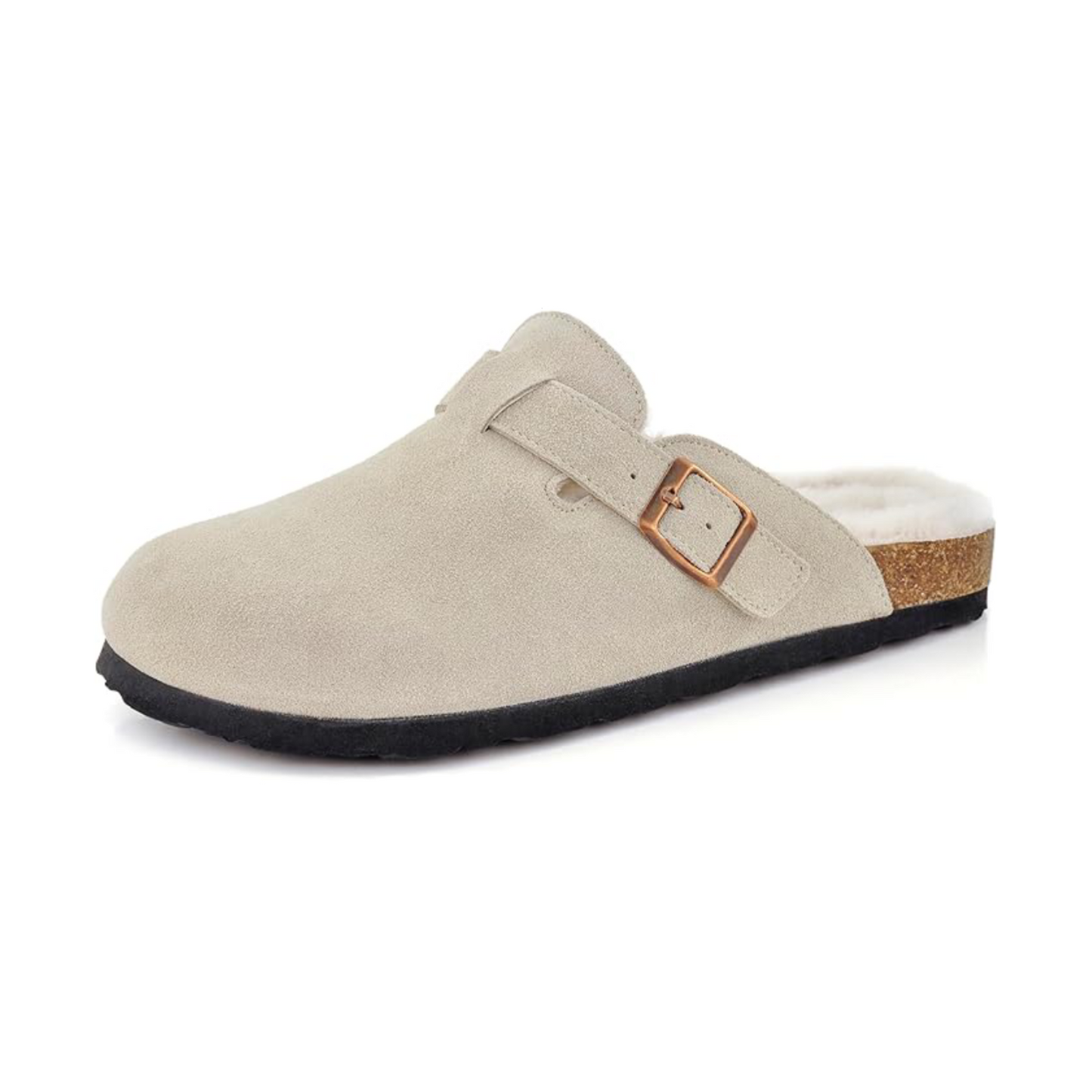 Sherpa clogs in taupe suede with sherpa collar and square buckle strap