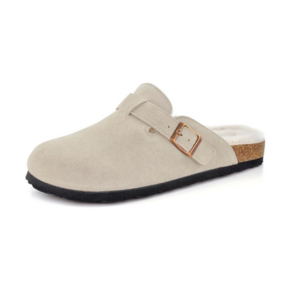 Sherpa clogs in taupe suede with sherpa collar and square buckle strap