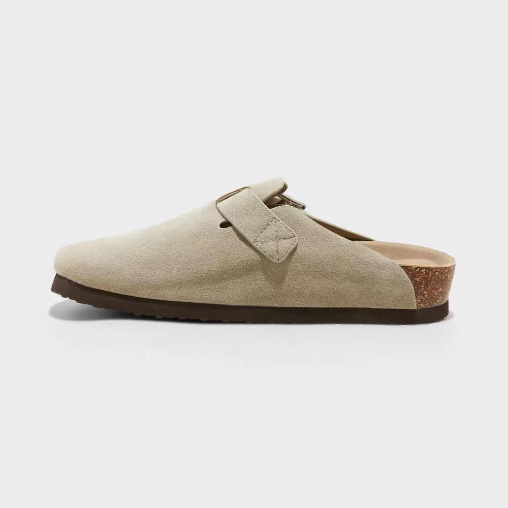 Light taupe suede clog with adjustable metal buckle and wide slip-on upper
