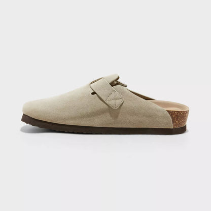 Light taupe suede clog with adjustable metal buckle and wide slip-on upper