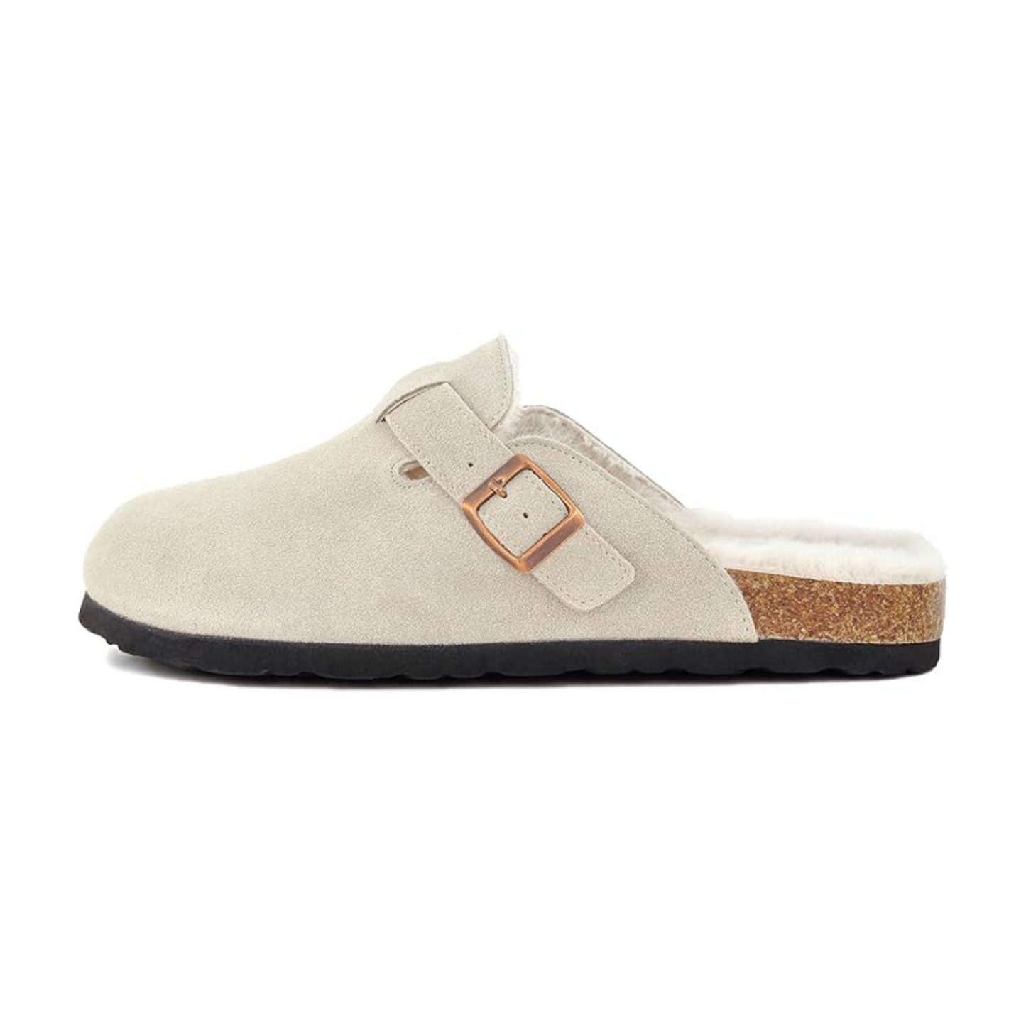 Sherpa clogs in light taupe suede with sherpa lining and adjustable buckle strap
