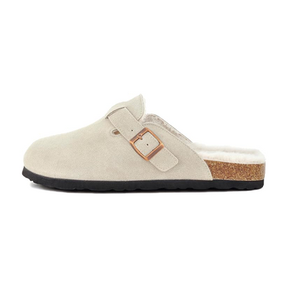 Sherpa clogs in light taupe suede with sherpa lining and adjustable buckle strap