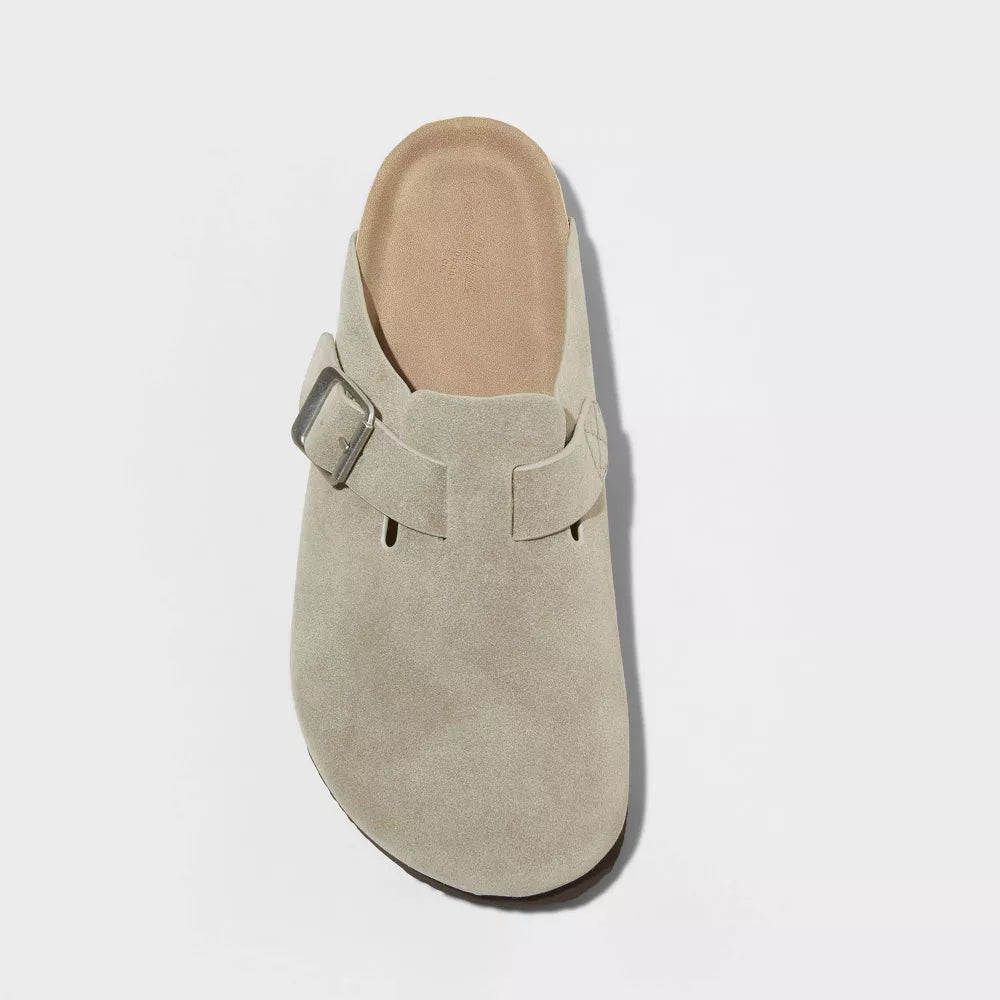 Taupe suede clog, front view with adjustable buckle strap and soft foot opening
