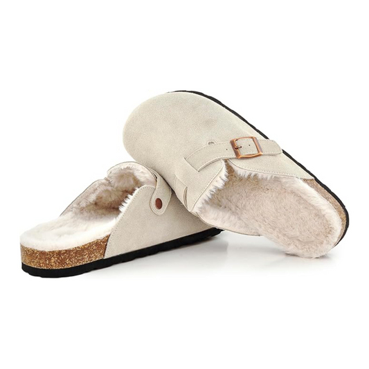 Sherpa clogs in light taupe suede with sherpa lining and side buckle strap