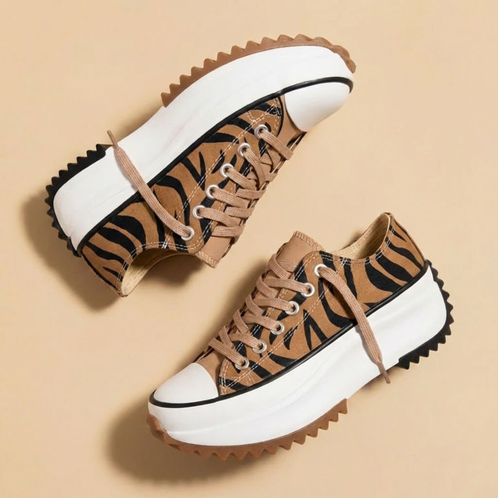Tiger stripe platform sneakers, lace-up with white sole and chunky treaded outsole