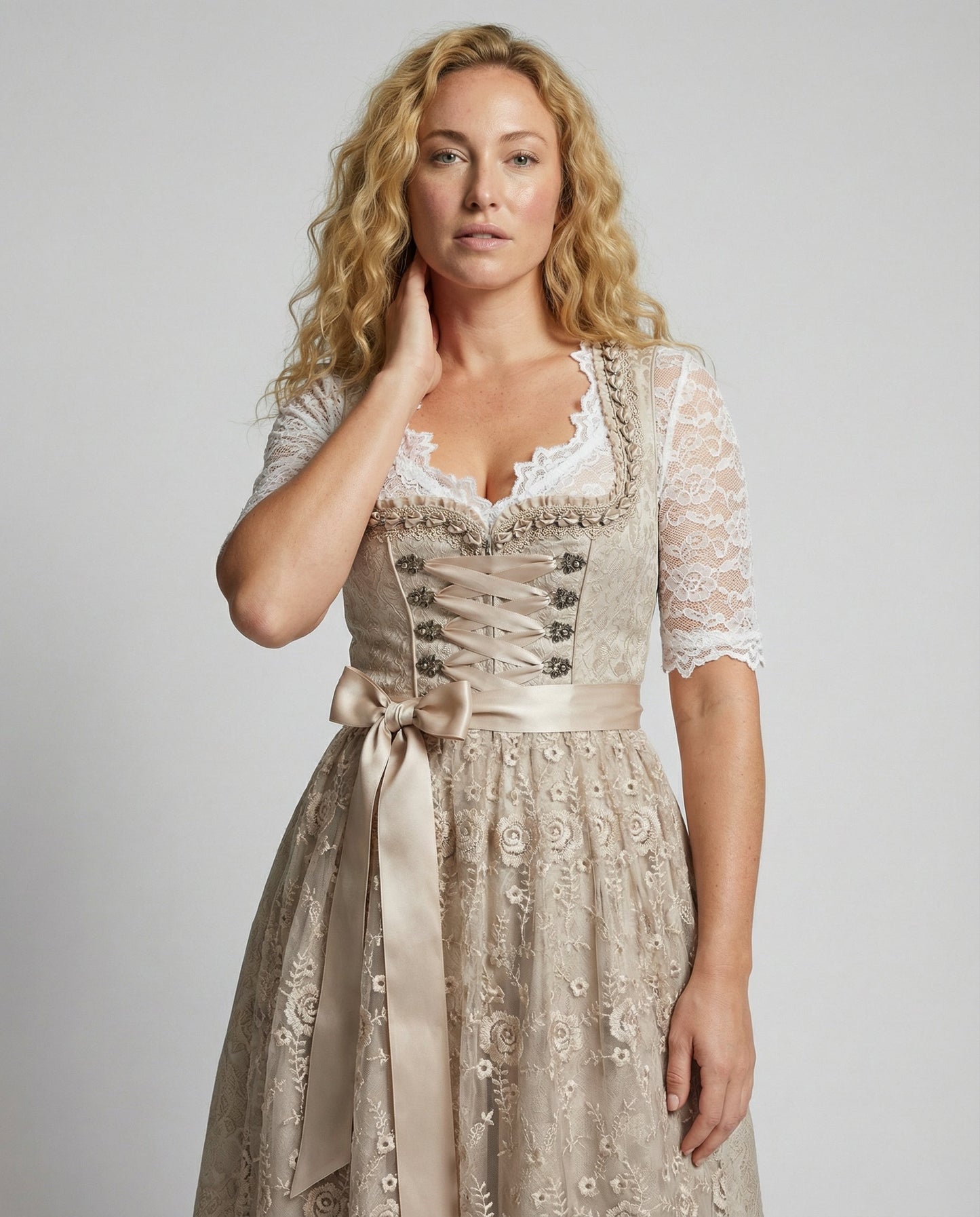 Beige dirndl dress with lace V-neck, corset front with button detail and tie