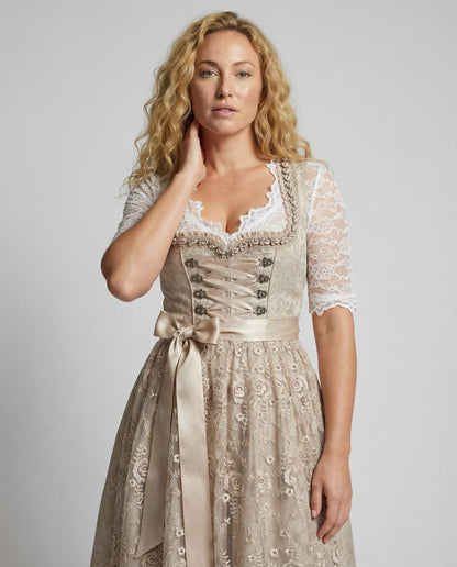 Beige dirndl dress with lace V-neck, corset front with button detail and tie