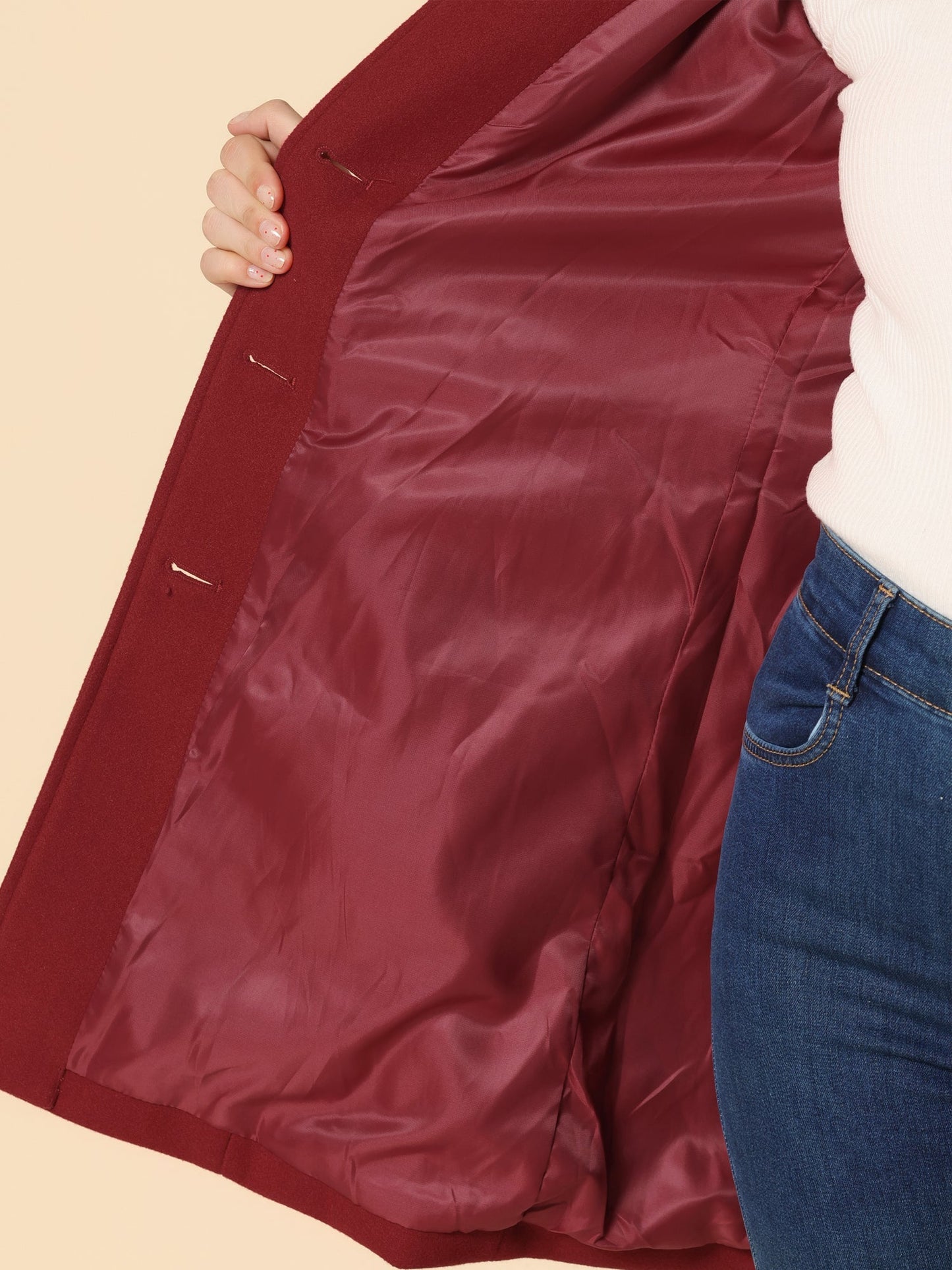 Dark red trench coat interior lining, smooth satin fabric visible