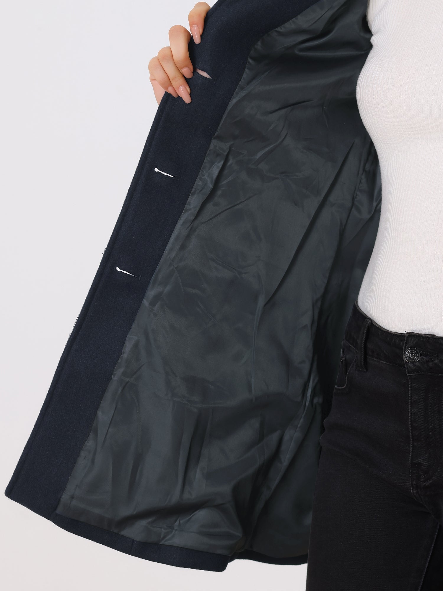 Women's single-button winter trench coat, dark navy, notched lapel and front slit
