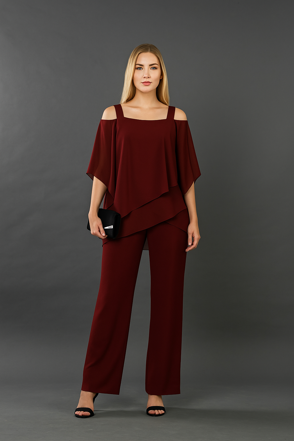 Women’s evening pants set in burgundy: layered off-shoulder blouse and wide-leg trousers