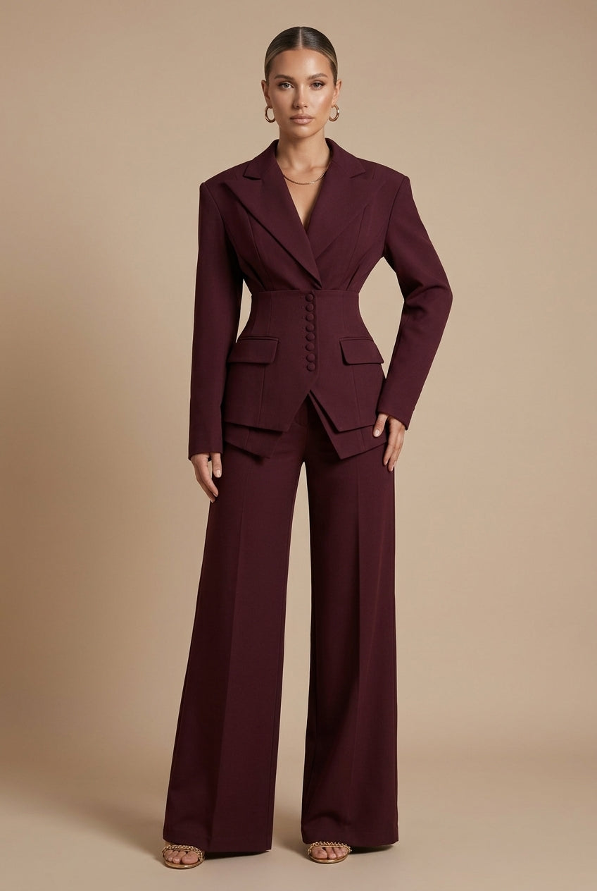 Wine red trouser suit: tailored blazer with wide-leg trousers, side front view