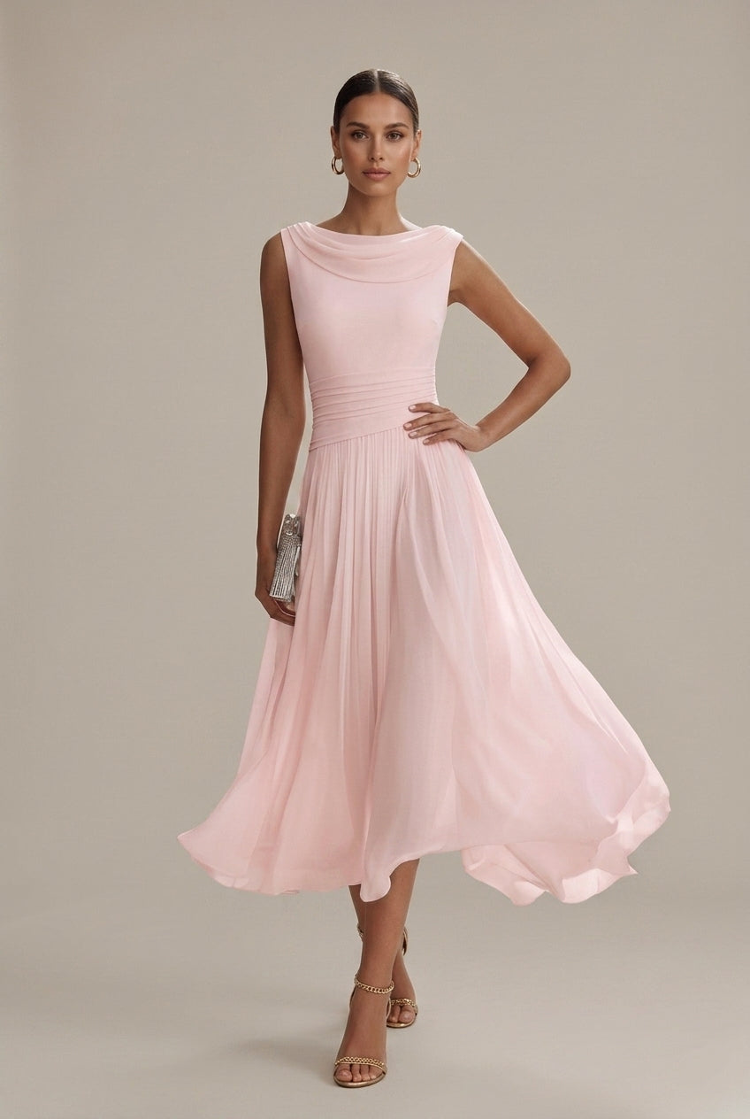 Light pink sleeveless pleated midi dress with gathered waist and flared skirt