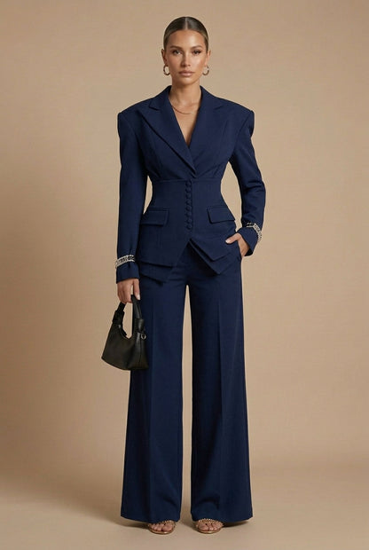 Navy blue trouser suit: tailored blazer with wide-leg trousers, full front view