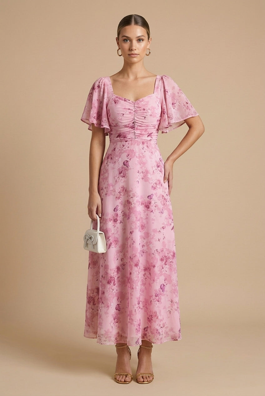 Pink floral maxi dress with square neckline, ruched bodice and short puff sleeves
