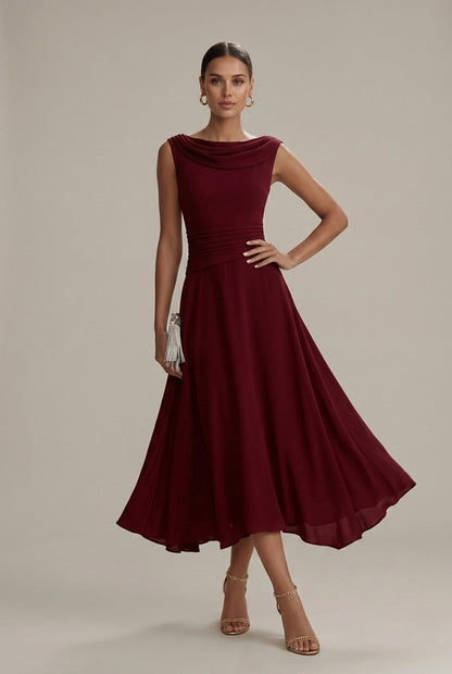 Wine red sleeveless pleated midi dress with draped bodice and flared skirt