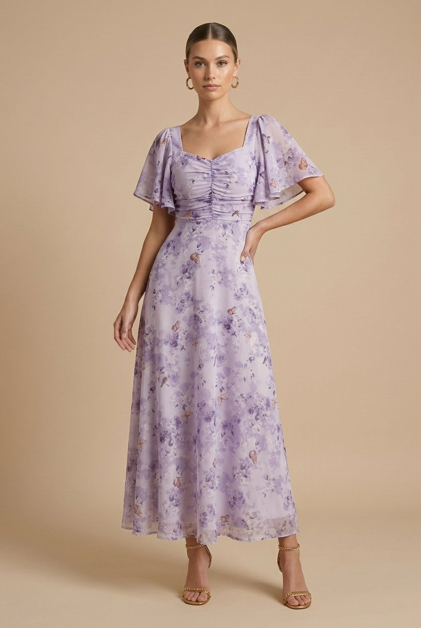 Purple floral maxi dress with square neckline, ruched bodice and short puff sleeves