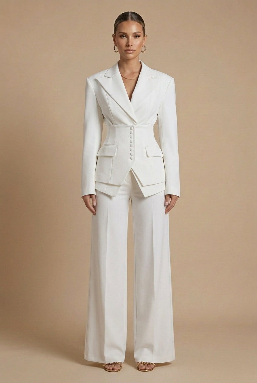 White trouser suit: tailored blazer with wide-leg trousers, full front view