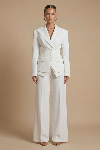 White trouser suit: tailored blazer with wide-leg trousers, full front view